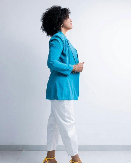 a person in a blue dress
